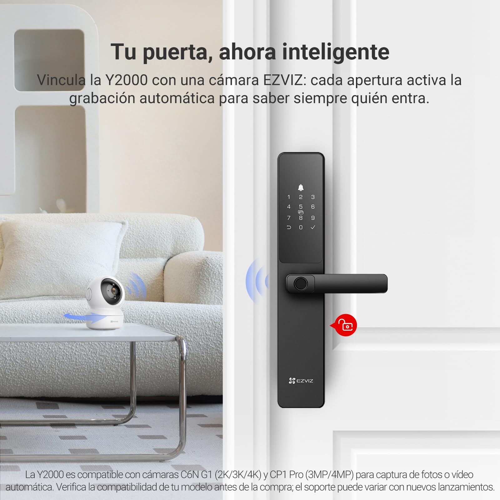 EZVIZ Cerradura Inteligente Y2000, Cerradura de Entrada Sin Llave 7 en 1, Acceso por Huella con Wifi, Impermeable, Cerradura de Seguridad Infantil para Hogar, Apartamento, Villa, Oficina, Hotel (5085)