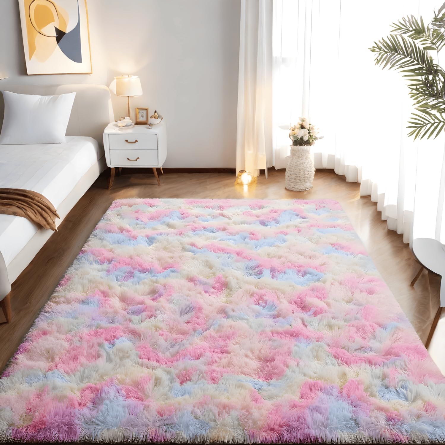 linyingdian Alfombra rectángulo Shaggy para Salón habitación de los Niños Dormitorio - Alfombra Antideslizante Muy Suave, Lavable, Tie-Dye, al Aire Libre Interior. (Colores del Arcoiris, 80x120cm)
