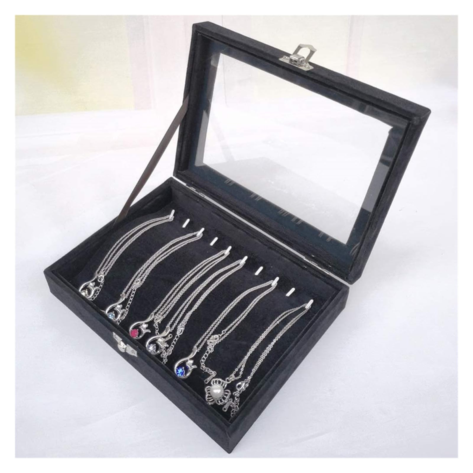 Scatole Per Gioielli Scatola portaoggetti for collane con 10 ganci, con coperchio trasparente, piccolo vassoio for gioielli for oggetti da collezione impilabile Cofanetti E Scatole