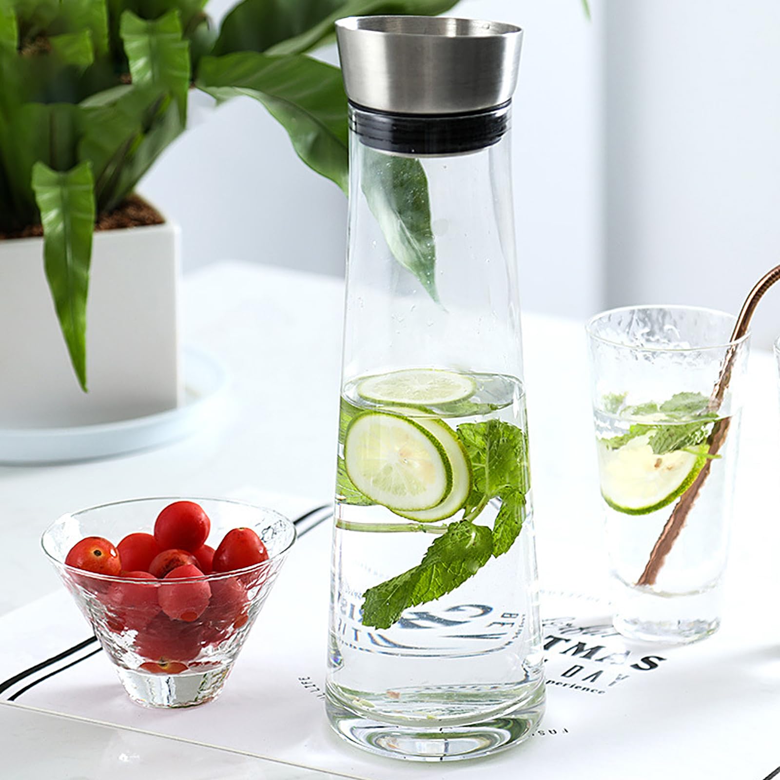 Brocca acqua vetro, caraffa per acqua, 1 litro, caraffa in vetro con coperchio, ideale per tè freddo, acqua calda e fredda, latte, caffè e vino
