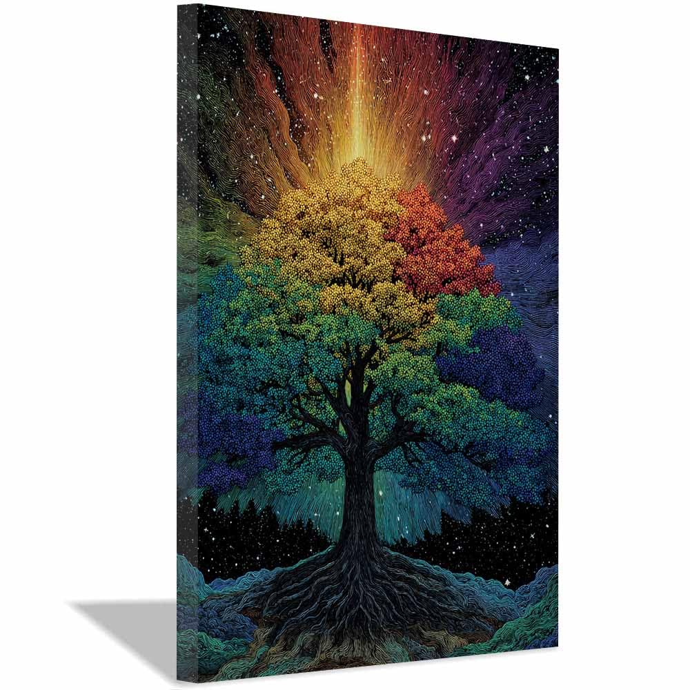 XENIOU Tree Of Life Wall Art Starry Whitese Magics Tree canvas painting wall art, Living Room Bedroom Hallway Stairs Decoration.(Multicolor)-60x90cm Framed