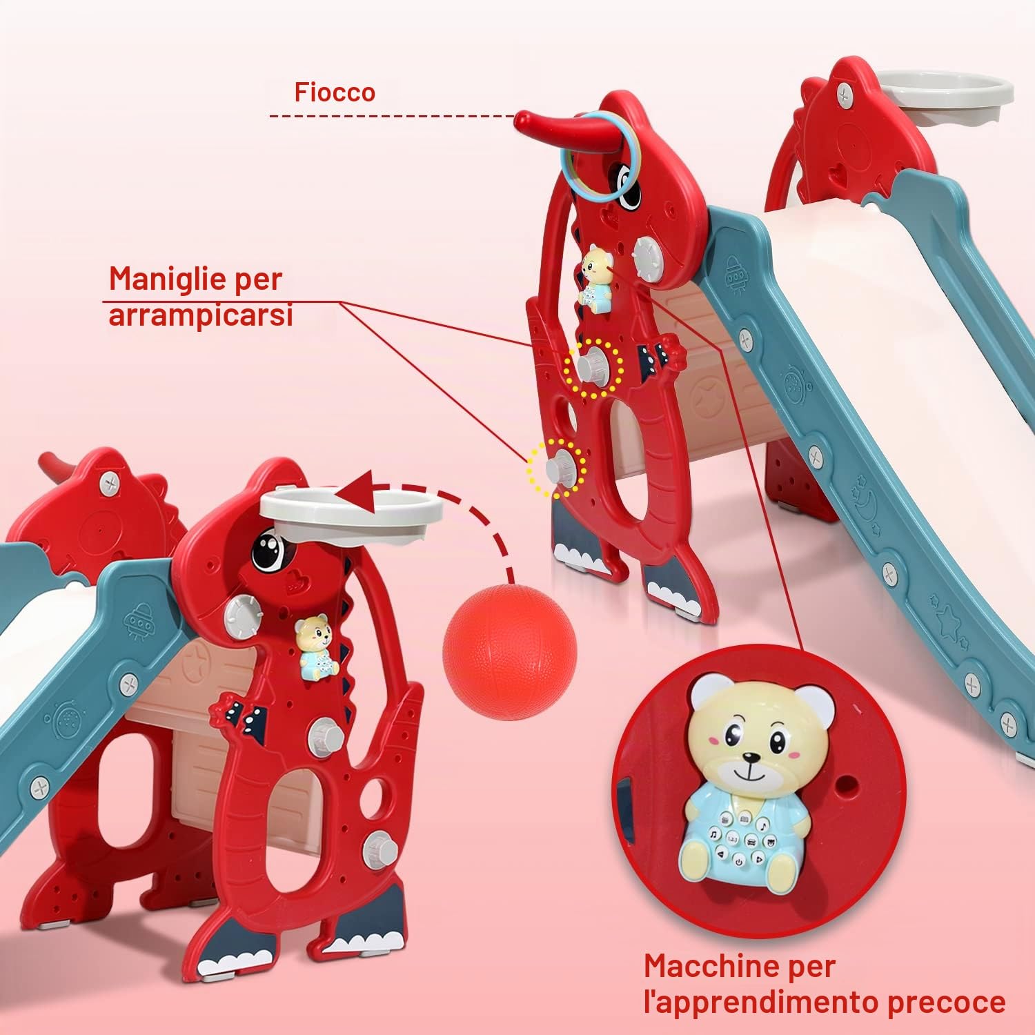 Daromigo Scivolo per bambini 4 in 1, scivolo divertente per bambini con strumento di apprendimento precoce in inglese e cestino da basket, scivolo per bambini per 1-3 anni, scivolo per bambini