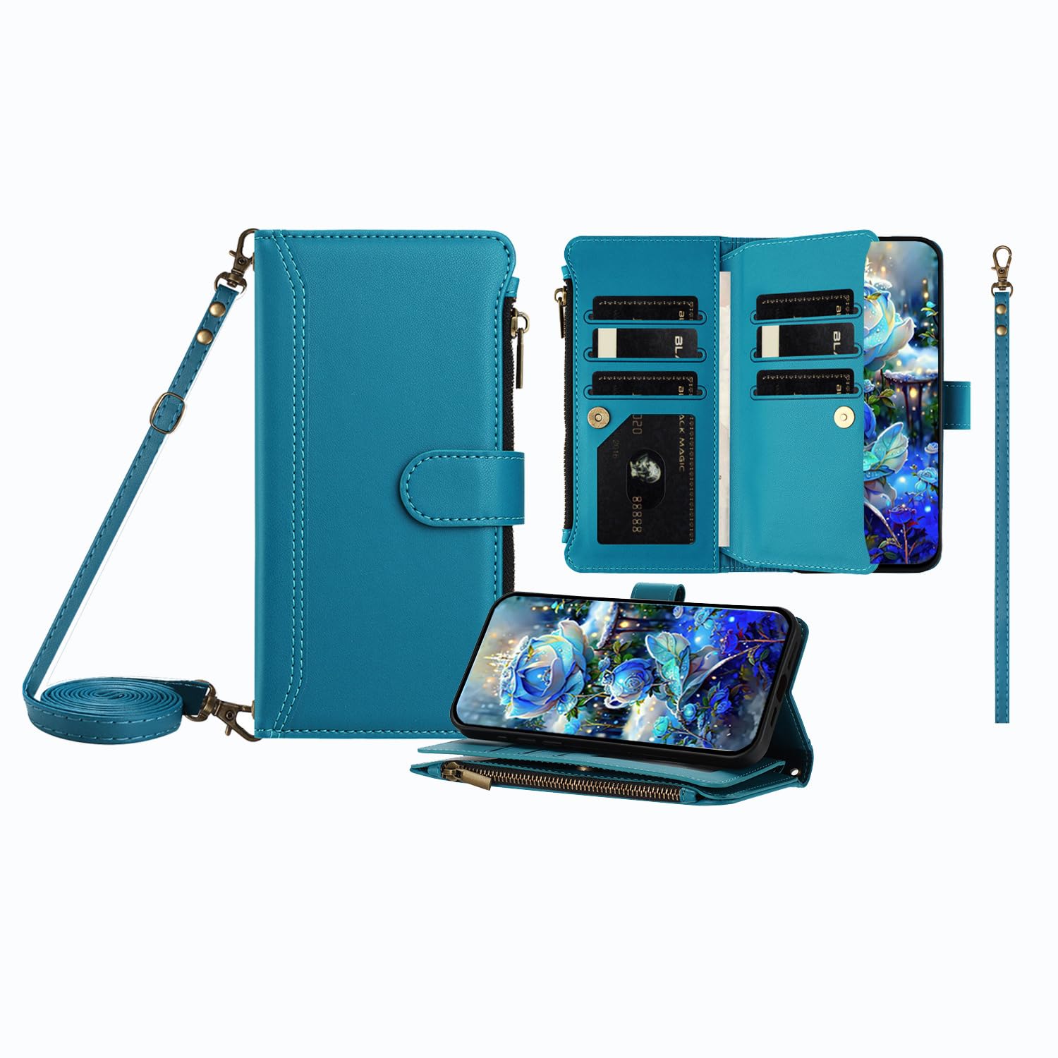 Multi-Function Leather Wallet Case for Motorola Edge 50 with 9 Card Slots, Zipper Purse, Wrist & Shoulder Strap, Clear Window, Wireless Charging Compatible - Lake Blue