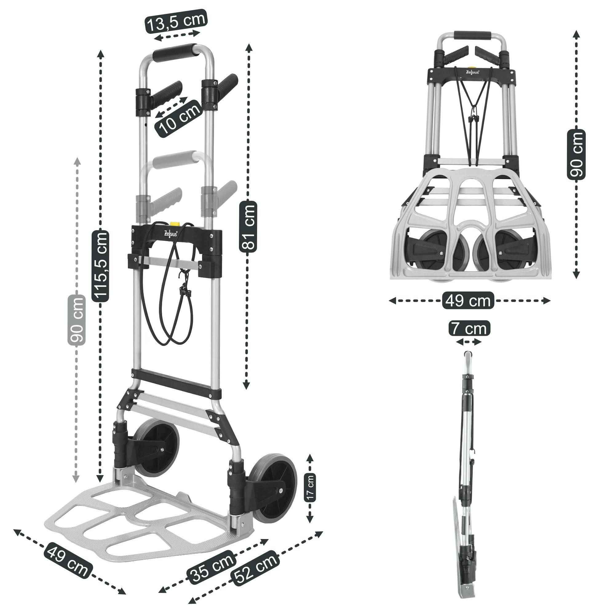 Zelsius Carretilla plegable de hasta 150 kg, carretilla de mano para cajas de bebidas, carretilla plegable, camión de leña, ayuda para transporte con ruedas, carro de transporte, plegable