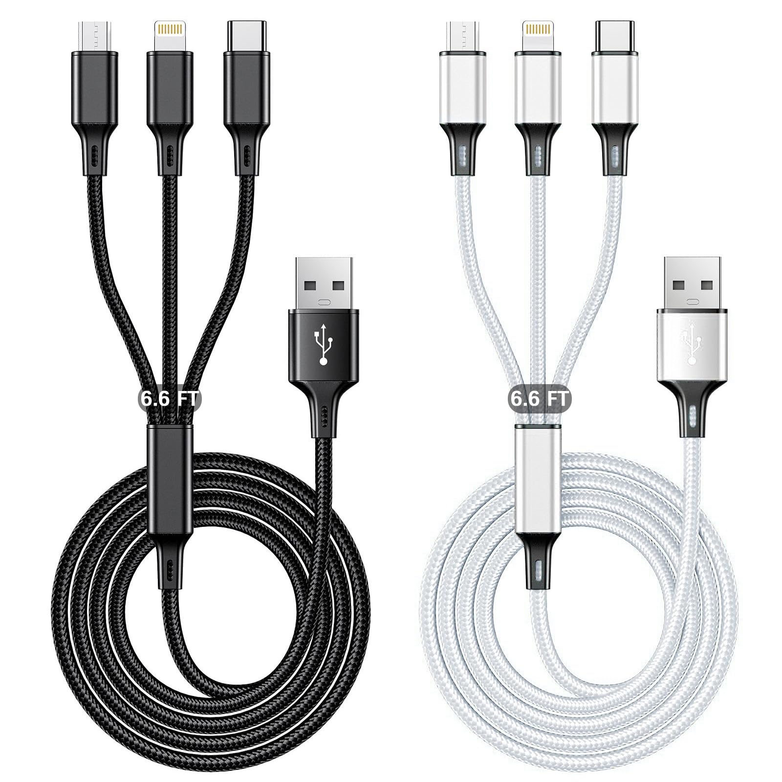 Multi USB Charging Cable 3A, (2Pack 6.6FT)3 in 1 Fast Charger Cord Connector with Dual Phone/Type C/Micro USB Port Adapter, Compatible with Tablets