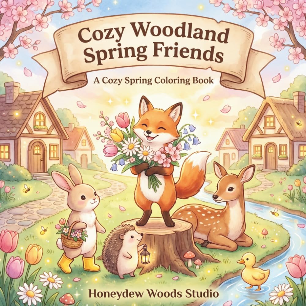 Cozy Woodland Spring Friends: A Cozy Spring Coloring Book with Cute Animals, Flowers, and Peaceful Countryside Scenes for all ages