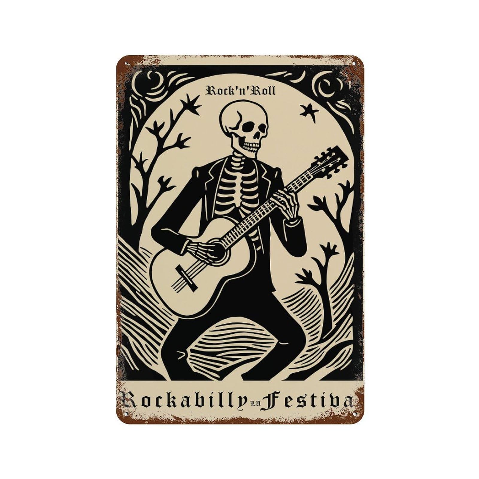 RocknRoll Rockabilly Festival Skeleton Guitarist Vintage Metal Tin Sign 11.8"x7.9", Farmhouse Wall Decor for Patio, Garden Room And Bar Decor