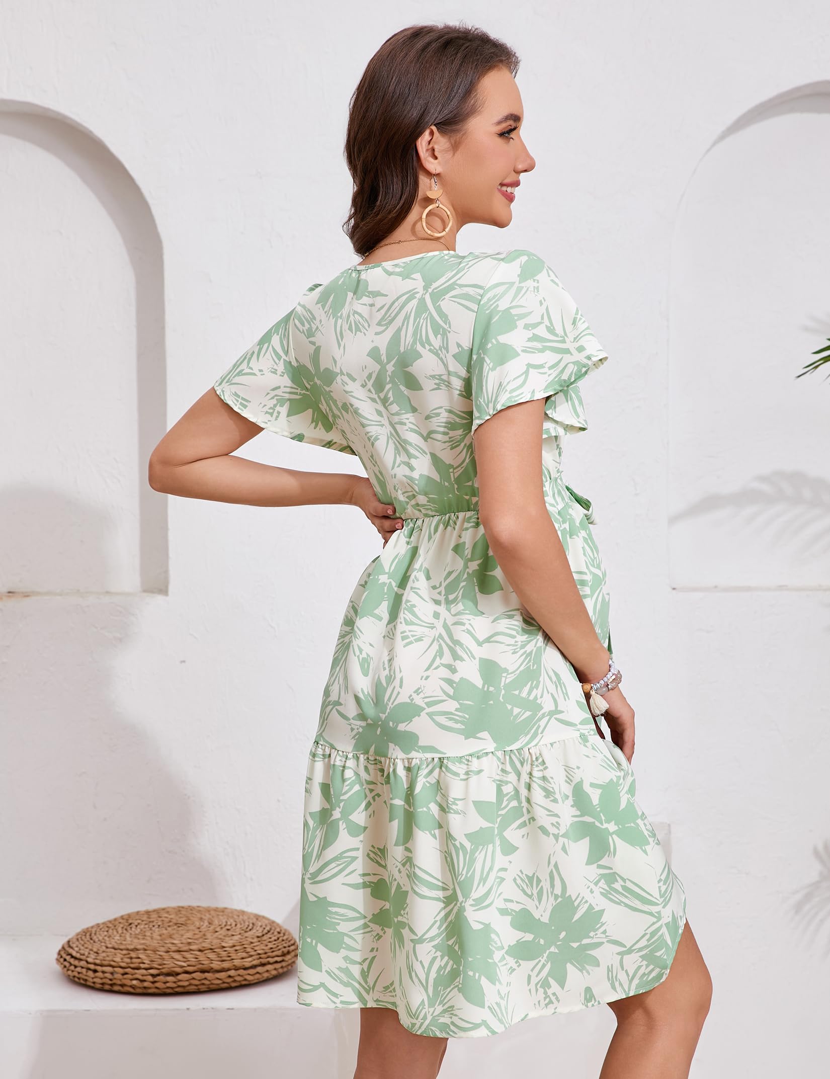 YesFashion Damen Umstandskleid Sommer V-Ausschnitt Stillkleid Kurzarm Elegant Schwangerschaftkleider Umstandsmode Kleid mit Gürtel(Verpackung MEHRWEG)