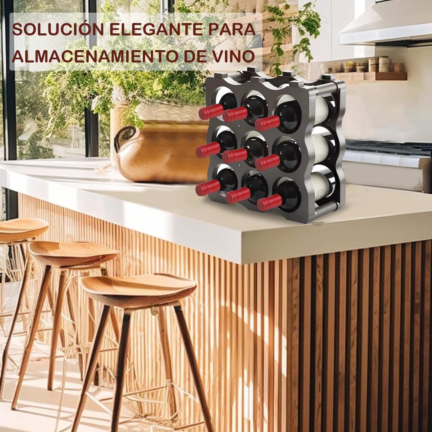 Soporte para Botellero Modular de Plástico Apilable para 9 Botellas, Estanterías para Botellas de Vino, Estante de Almacenamiento para Exhibición de Vinos, Ideal para Hogar, Bar y Bodegas