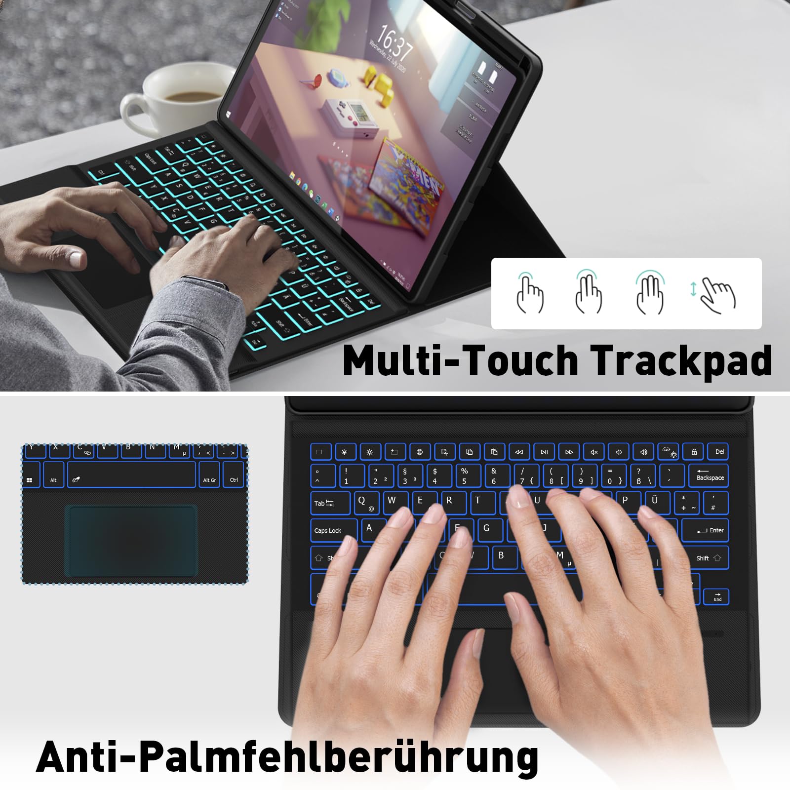 Tastatur mit Hülle für Lenovo Idea Tab Pro 2025 12.7 Zoll, Bluetooth Kabellose Tastatur mit Trackpad, Wiederaufladbar & Abnehmbar & 7 farbige Beleuchtung & QWERTZ, Schwarz