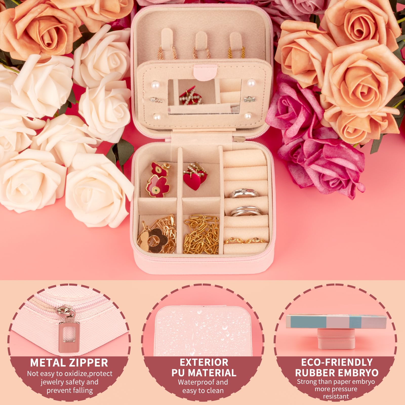Meschett Scatola Portagioie Da Viaggio In Pelle PU Con Specchio: Piccolo Organizzatore A Doppio Strato Per Anelli, Orecchini E Collane, Custodia Regalo Per Donne (Rosa, 10x10x5 Cm)