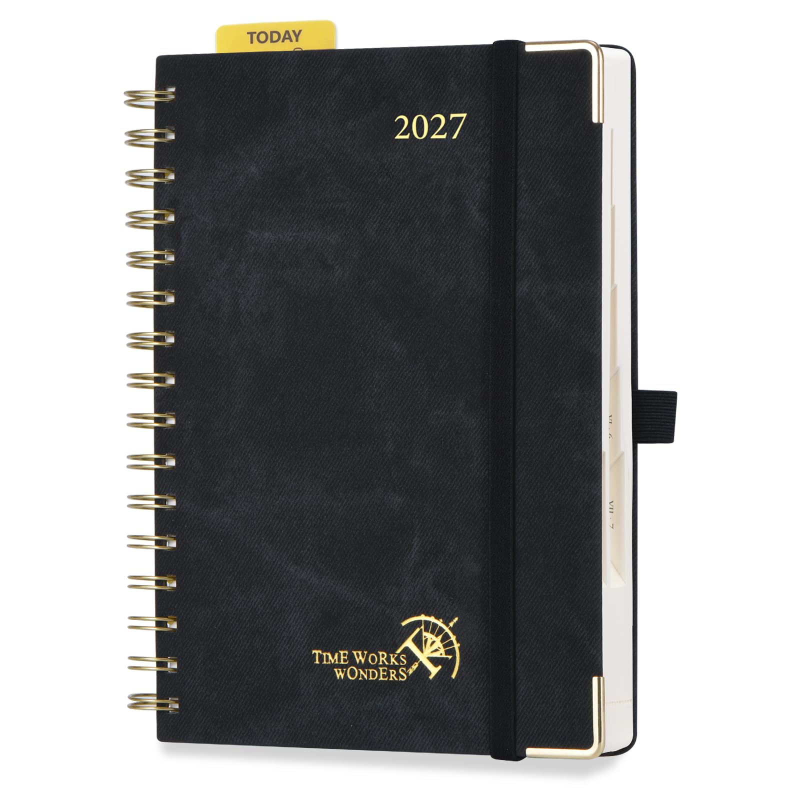 POPRUN Kalender 2027 Tagesplaner A5(21 x 14,5cm) Terminplaner mit PU-Leder | Spiralbuch,(Jan.2027-Dez.2027),1 Tag 1 Seite,(Montag - Sonntag),2 goldgeprägte Ecken,80 GSM Papier(Schwarz)