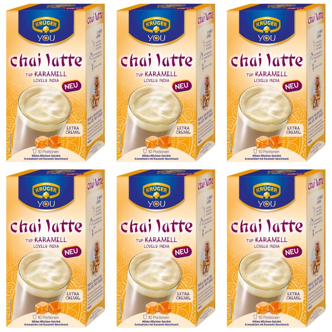 Krüger YOU Chai Latte Karamell „Lovely India“ 6×250 g | Instant Chai Latte Pulver | Aromatisches Tee-Getränk mit Karamell-Note | Heiß genießen | Vorratspack 1,5 kg