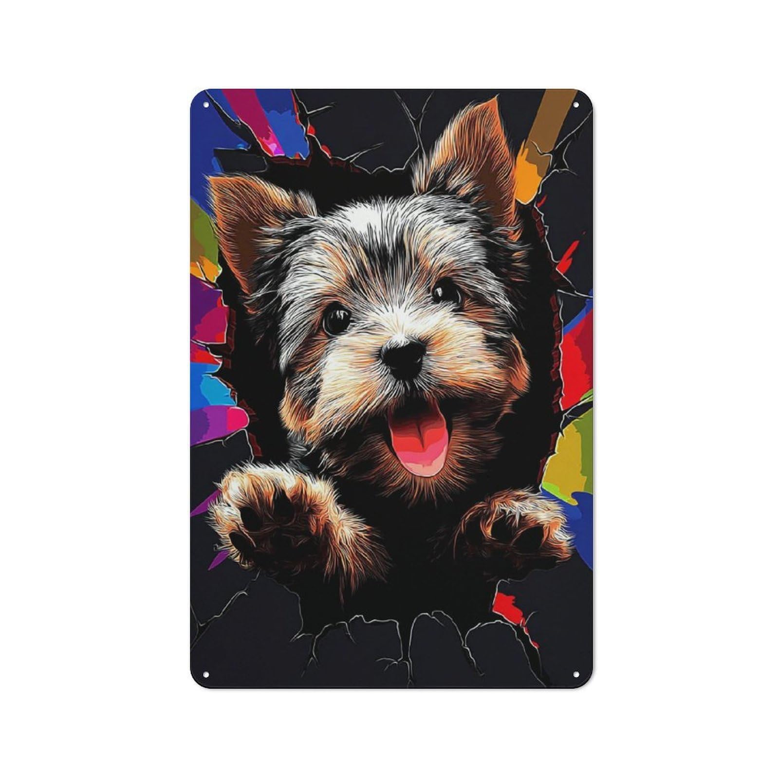 Junmoney Happy Puppy Breaking Through Colorful Backgro For Living Room Or Hallway, Und Rustic Metal Sign 30X20cm, For Home Interiors, Feature Walls And Decorative Displays
