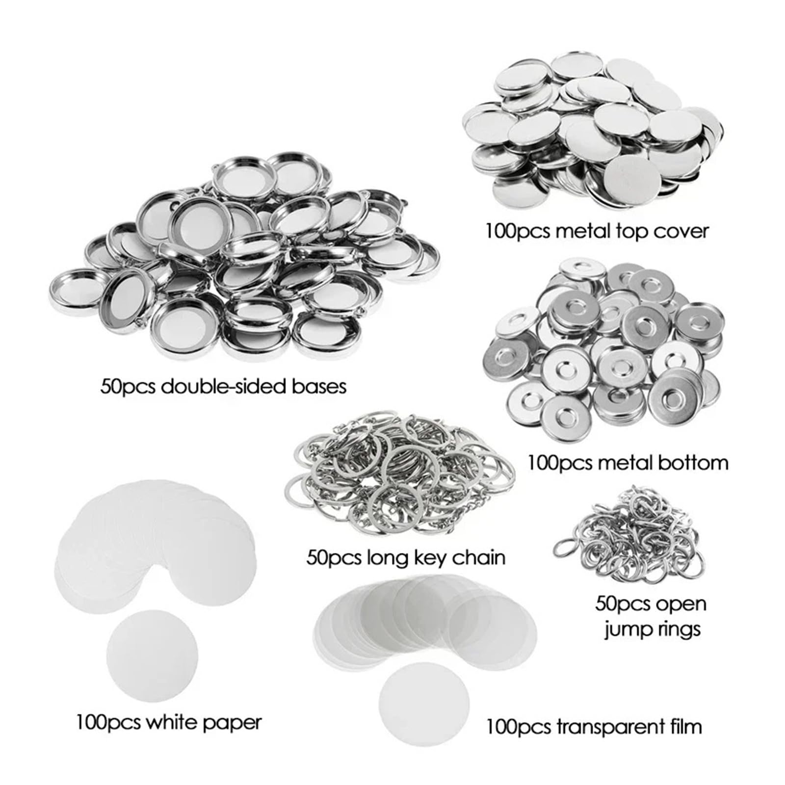 100 zestawów pusty dwustronny breloczek odznaka przycisk materiały do ​​rękodzieła okrągłe przypinki do kluczy wisiorek obrączka DIY Making kompatybilny i wielofunkcyjny