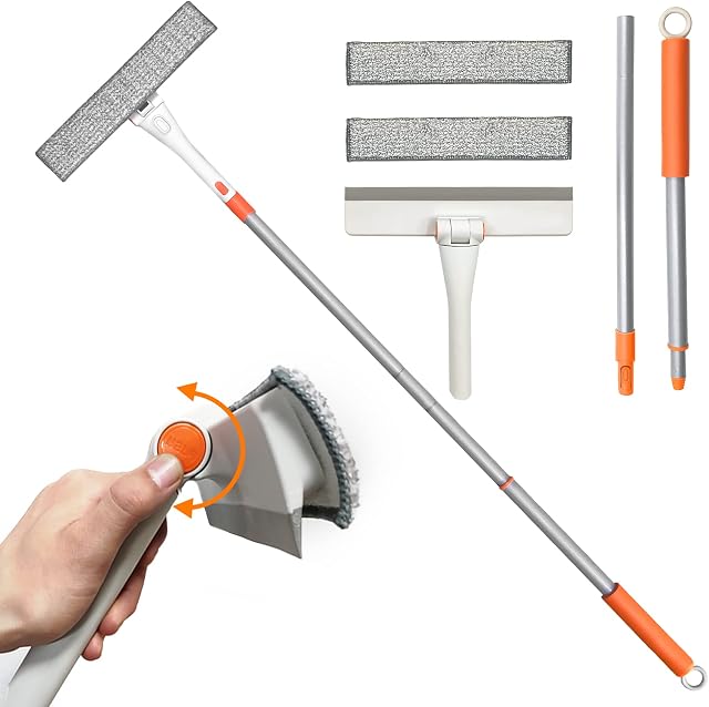 JEHONN Telescopic Window Squeegee Cleaning Equipment Kit 120CM 2 in 1 Extendable Window Cleaner Tool, Scraper and Scrubber Combo with 180 Degrees Rotation Head for Home Windows Glass Cars