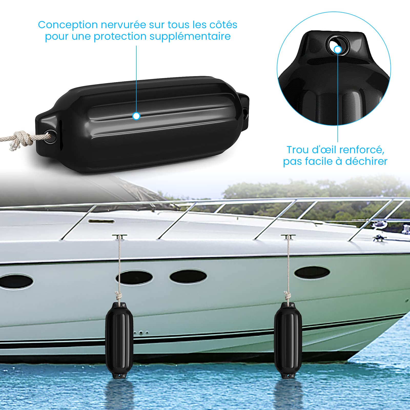 COSTWAY Set de 4 Pare-Battage Gonflables en PVC à Deux Œillets Nervurés pour Ponton, Voilier, Hors-Bord, Protections Gonflables pour Bateaux