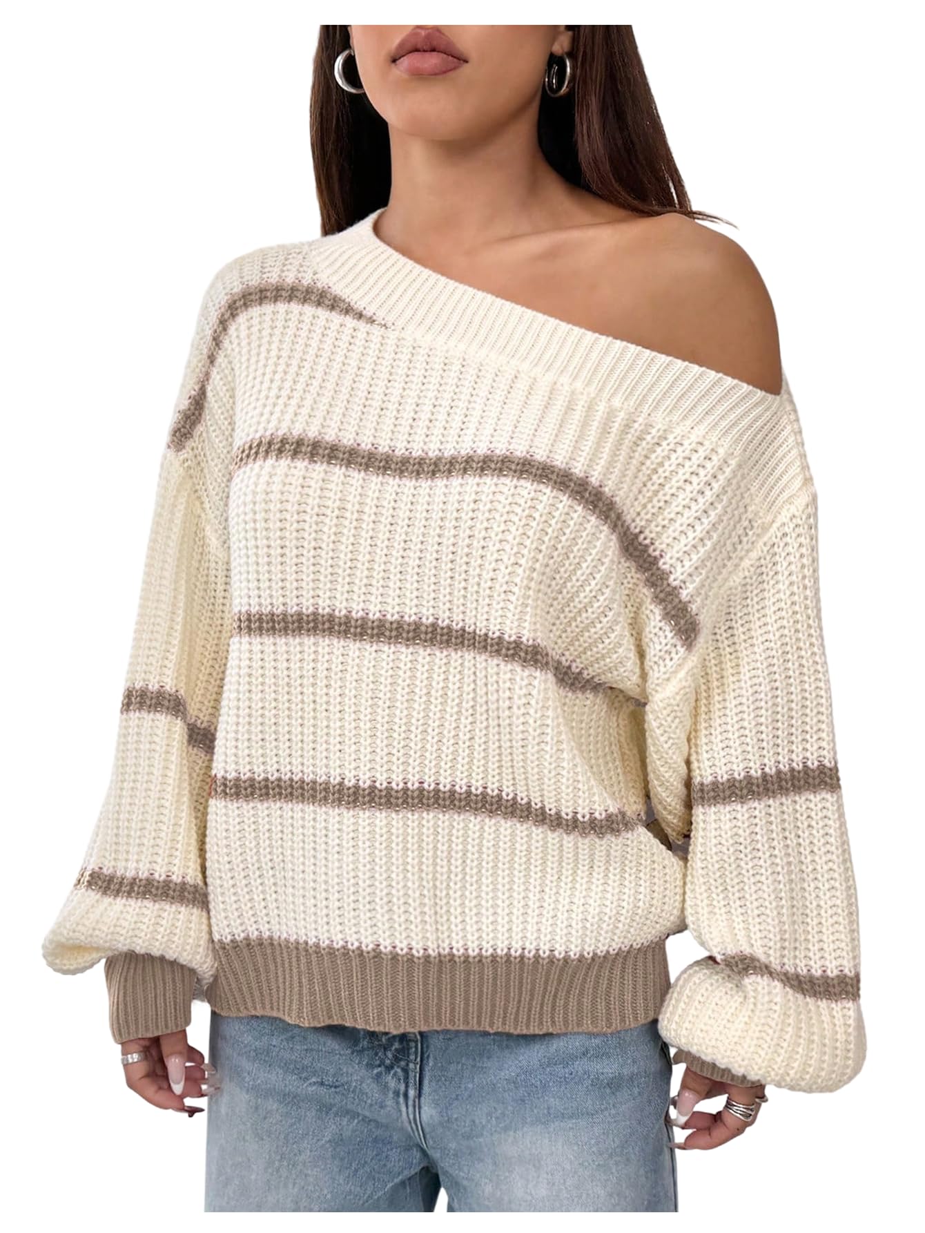 SOLY HUX Womens Off The Shoulder Striped Sweaters Knit Oversized Jumper Tops Pullover