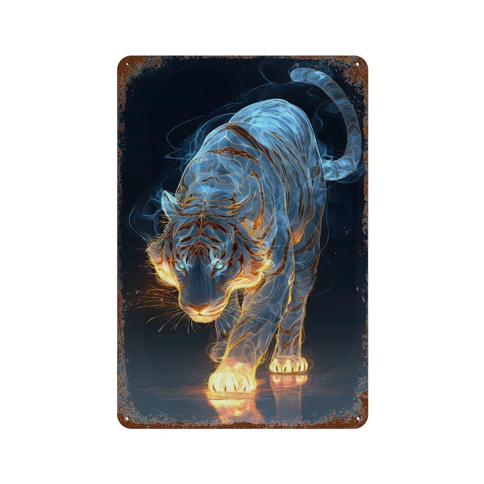 Ethereal Tiger Aged Metal Wall Plaque 11.8"x7.9", Industrial Home Decor for Garage, Pub Or Kitchen