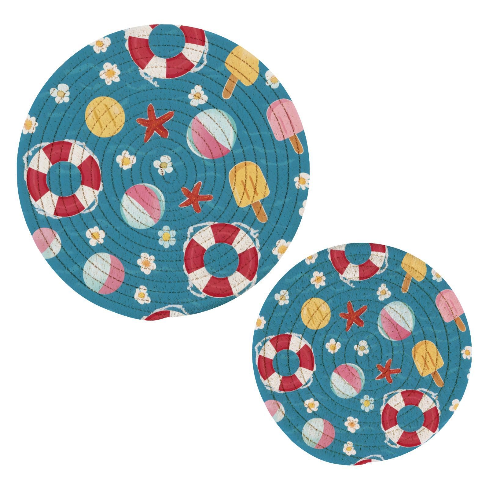 Lifebuoy Pattern Kitchen Trivets Pot Holders Set of 2 for Pots Dishes Woven, Trivet Coaster Pad Mat for Counter
