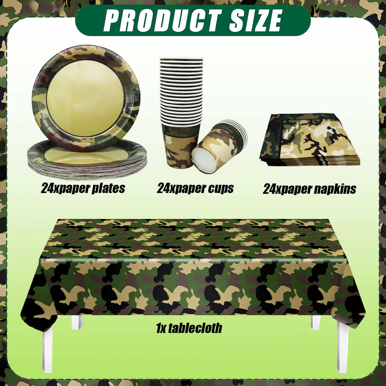 Set di stoviglie mimetiche per feste da 24 ospiti, piatti piani, temi di compleanno dell'esercito, decorazione da tavolo, campeggio, feste all'aperto