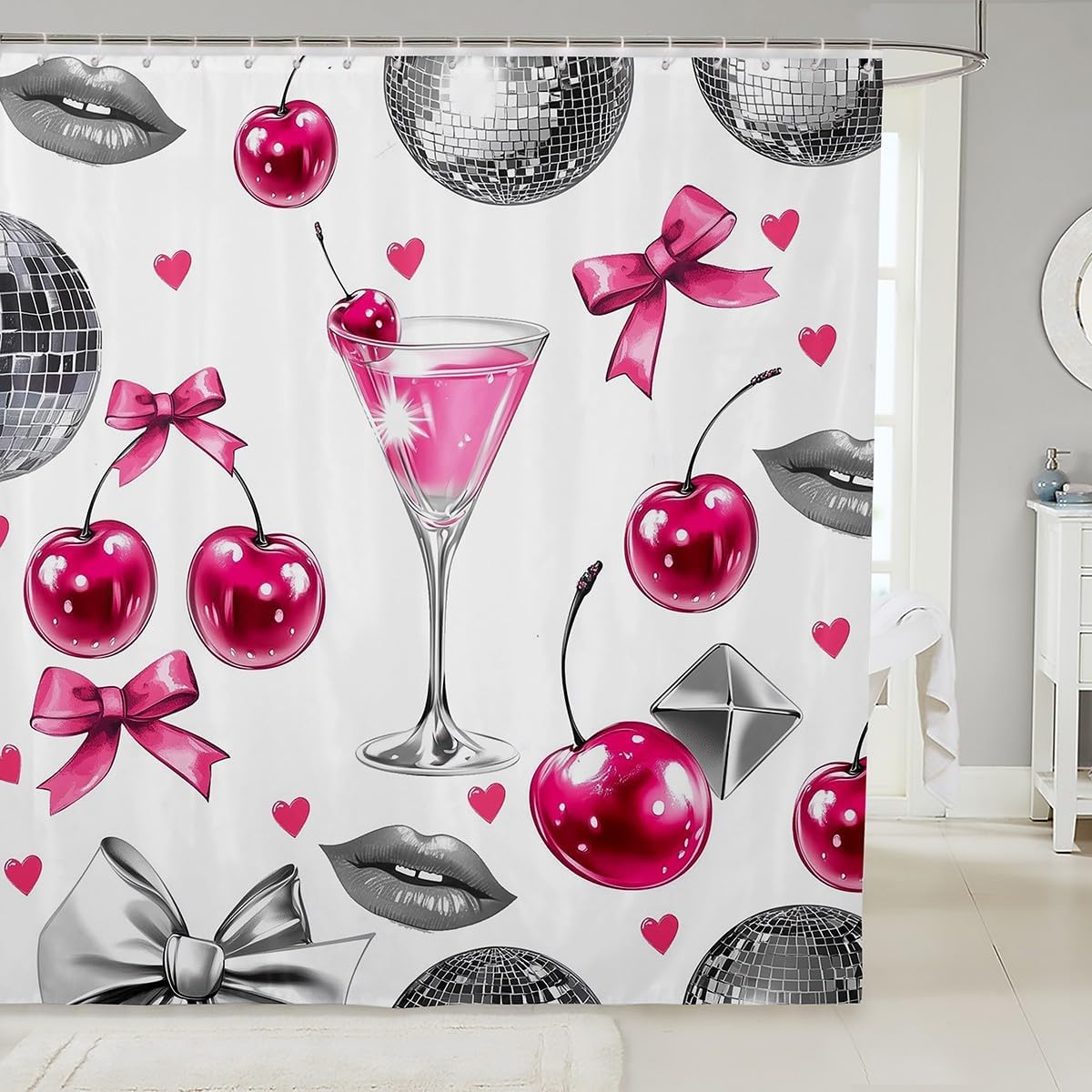 Manfei Fashion Girls Shower Curtains Cute Bow Cherry Lips Bathroom Curtains, Cartoon Bowknot Waterproof Bath Curtains with 12 Hooks Suits for Bathtub, Kids Girls Room Decor, 72" W x 84" L