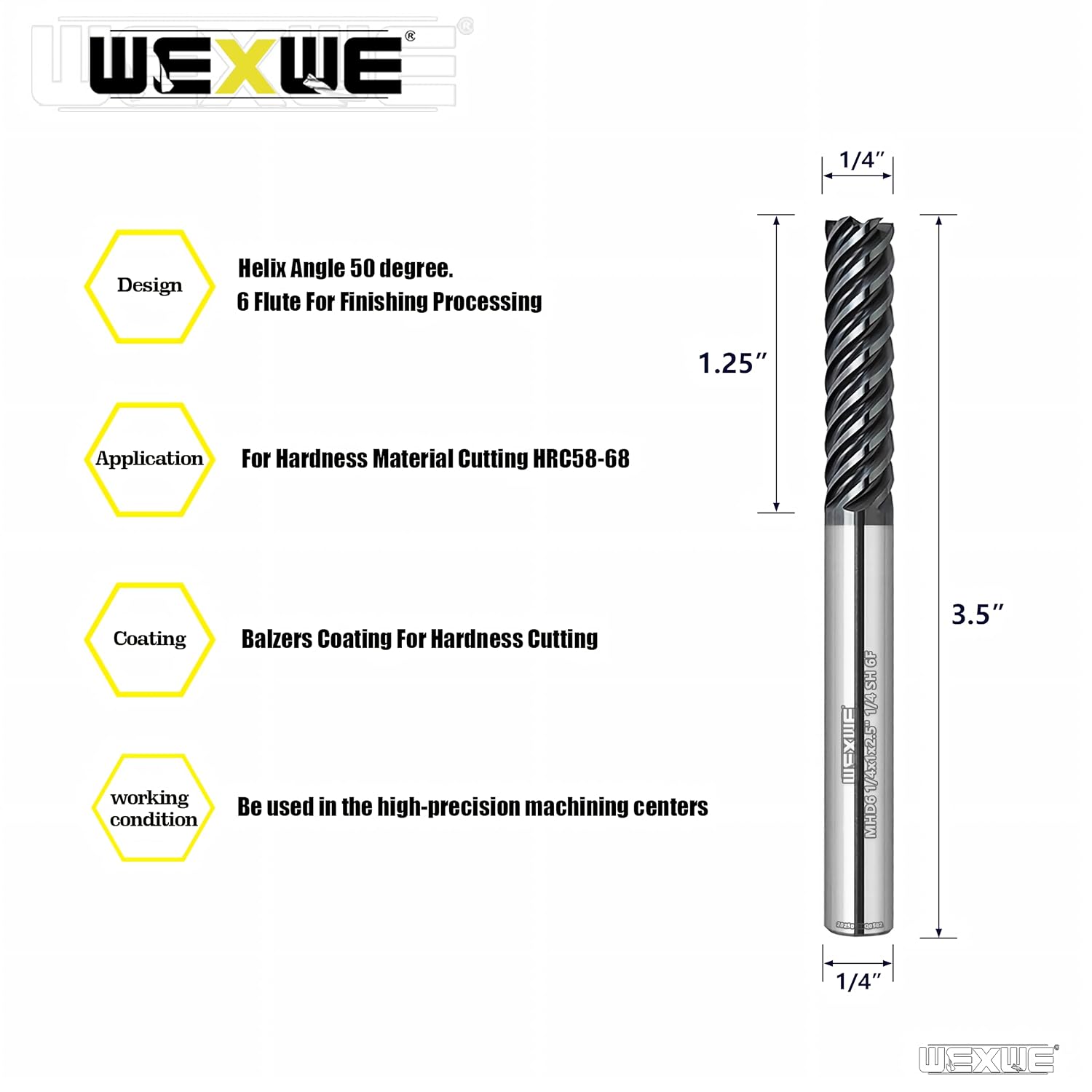 Tools Extra Long Carbide End Mills,6 Flute Square Milling Cutter，High Helix Angle for High Hardness Steel Finshing Milling Processing - 1/4 Shank (1/4-3.5" 1PCS)