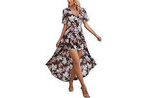 Womens Short Sleeve V Neck Floral Flowy Party Split Maxi Romper Dress
