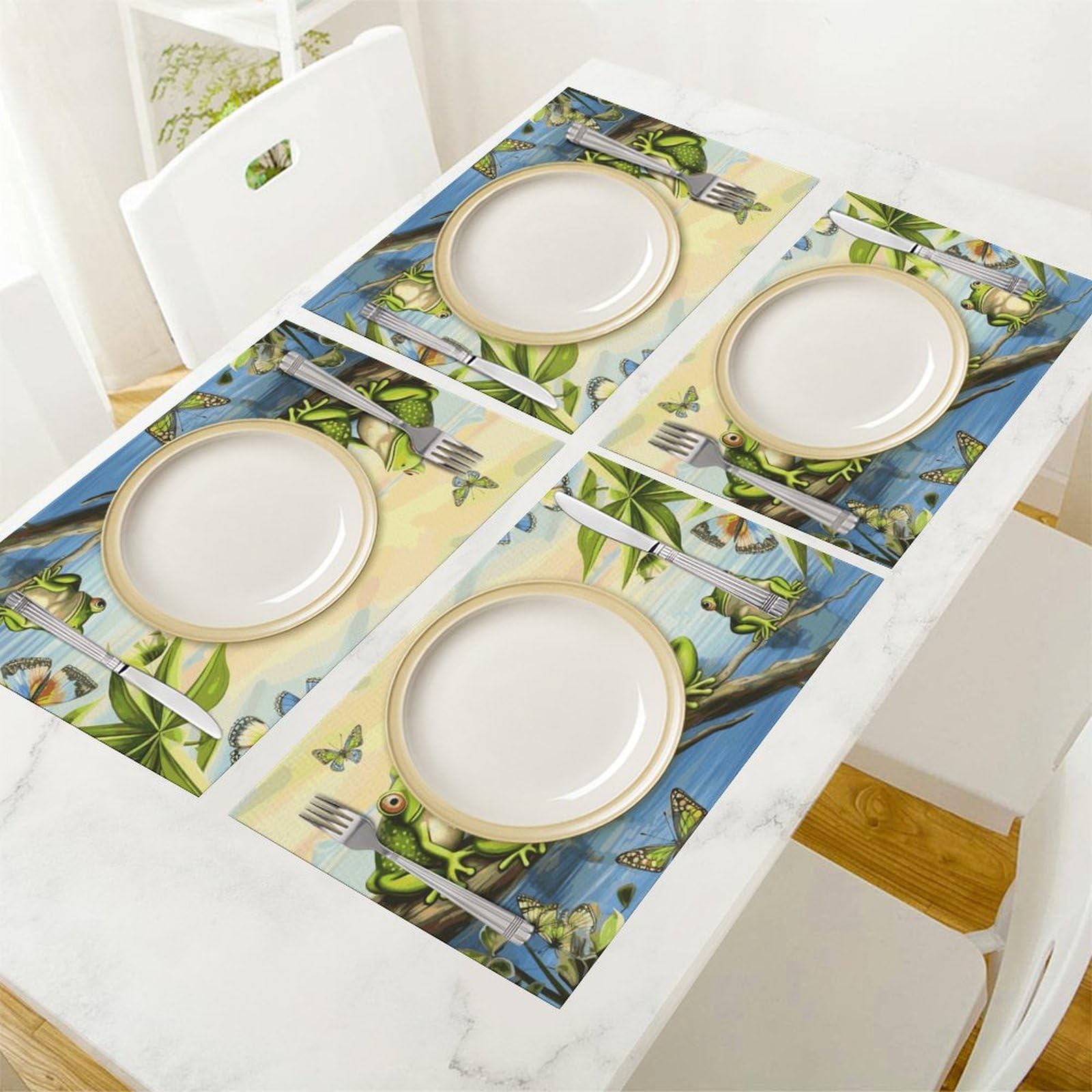 Tischsets aus PVC, Motiv: Viele Frösche singen auf den Zweigen, Sommerschmetterlinge, See, Wasser, waschbar, hitzebeständig, rutschfest, wasserdicht, Platzdeckchen-Set für Innen- und Außenbereich, 6