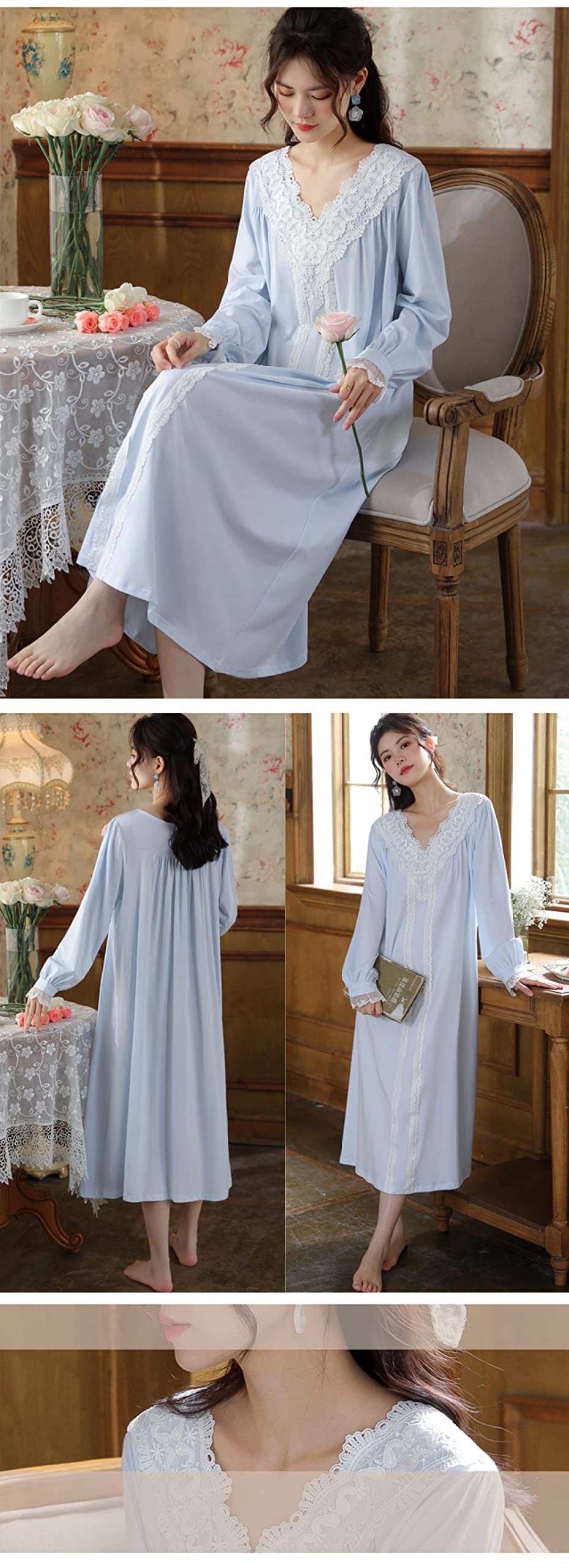Nachthemd,Damen Nachthemden Vintage Hellblaue Baumwolle V-Ausschnitt Spitzenstreifen Elegantes Schlafhemd Weiche Bequeme Lange Ärmel Nachthemd Nachtwäsche Loungewear Für Damen Mädchen Pyjama Par