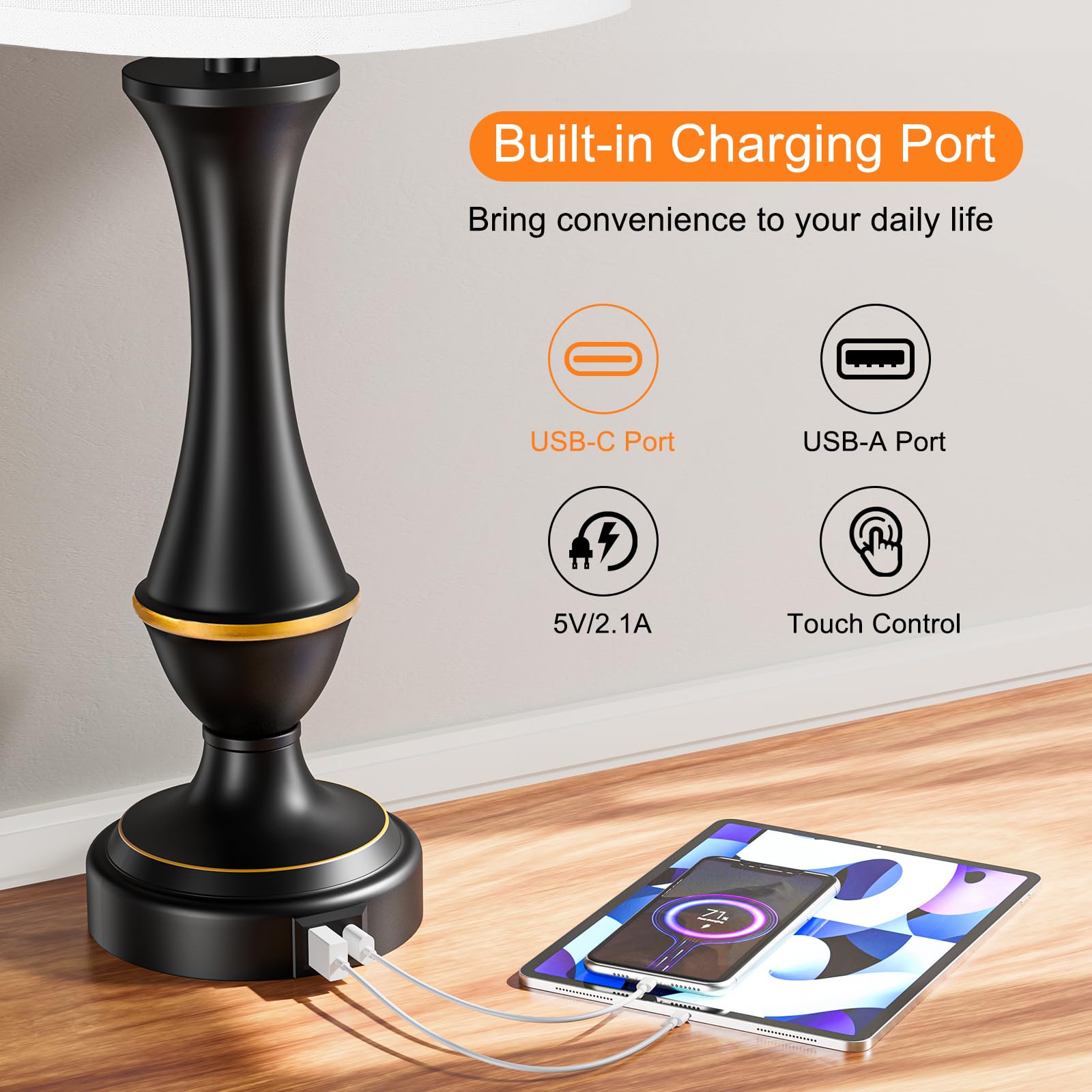 Seealle Upgraded Touch Lamps For Bedrooms – Set Of 2 Nightstand Table Lamps With USB-C Port
