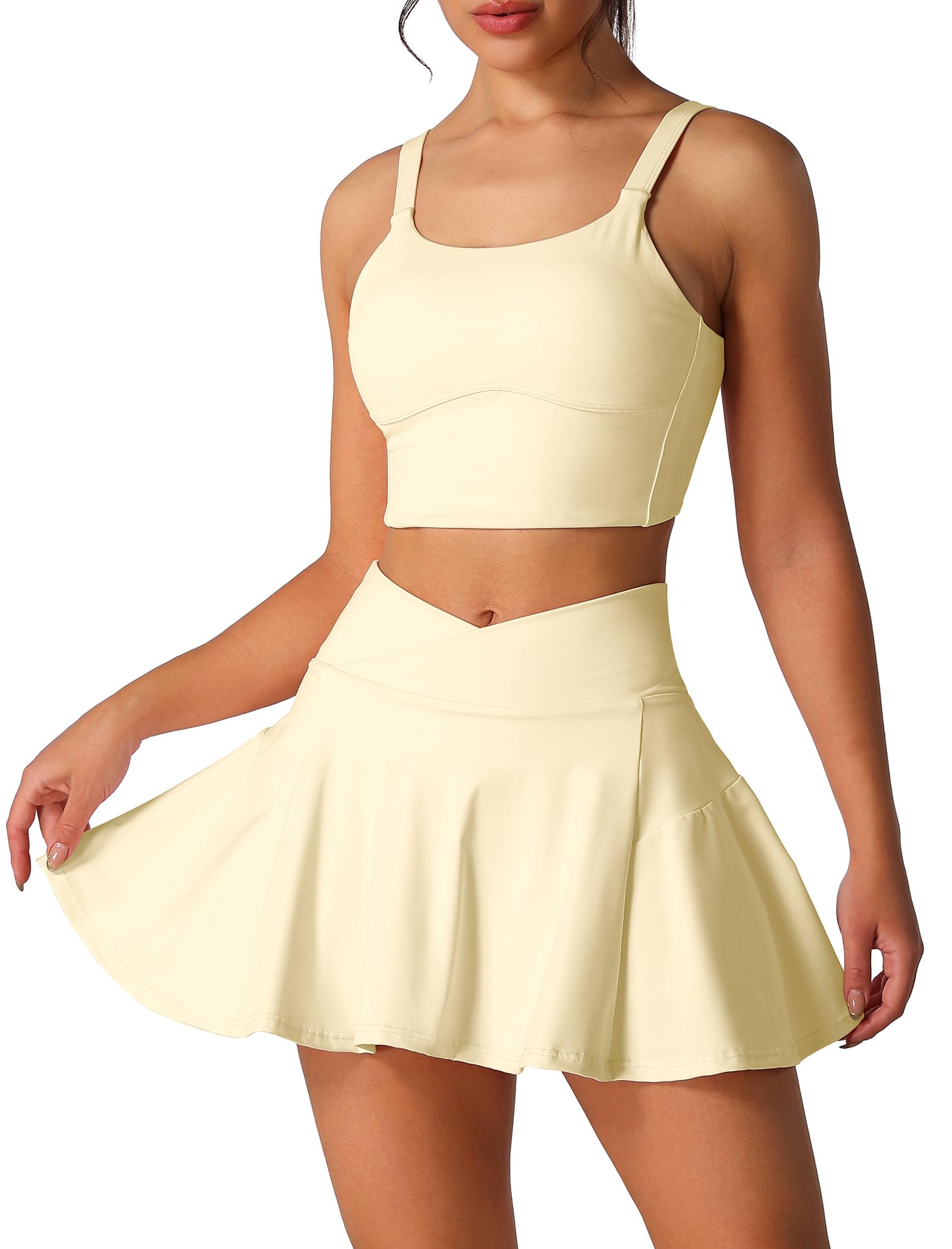 2-teiliges Tenniskleid für Damen, hohe Taille, Faltenrock-Set, Kompression, Sport-BH, Golf, athletische Outfits