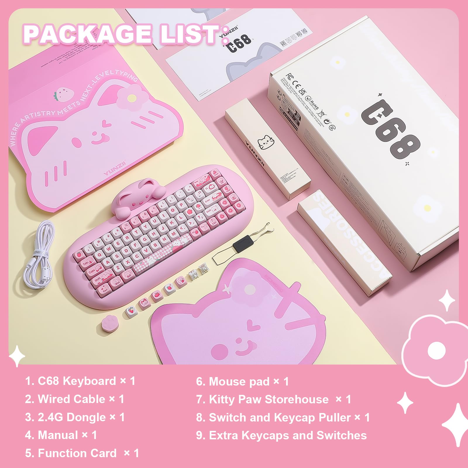 YUNZII C68 Teclado Mecánico Inalámbrico, 65% Teclado Gaming Hot Swap PBT, Tri-Mode BT5.0/2.4G/Wired, RGB Backlit NKRO, Silicone Kawaii Cat Ergonomic Teclado Mecanico for Win/Mac (Milk Switch, Rosa)
