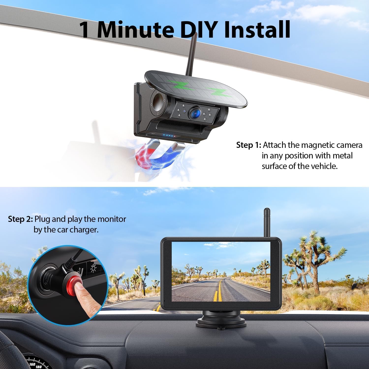 Magnetisch Solar Rückfahrkamera Kabellos 5" 1080P Touchscreen Monitor DVR BSD Infrarot-Nachtsicht IP69K wasserdicht
