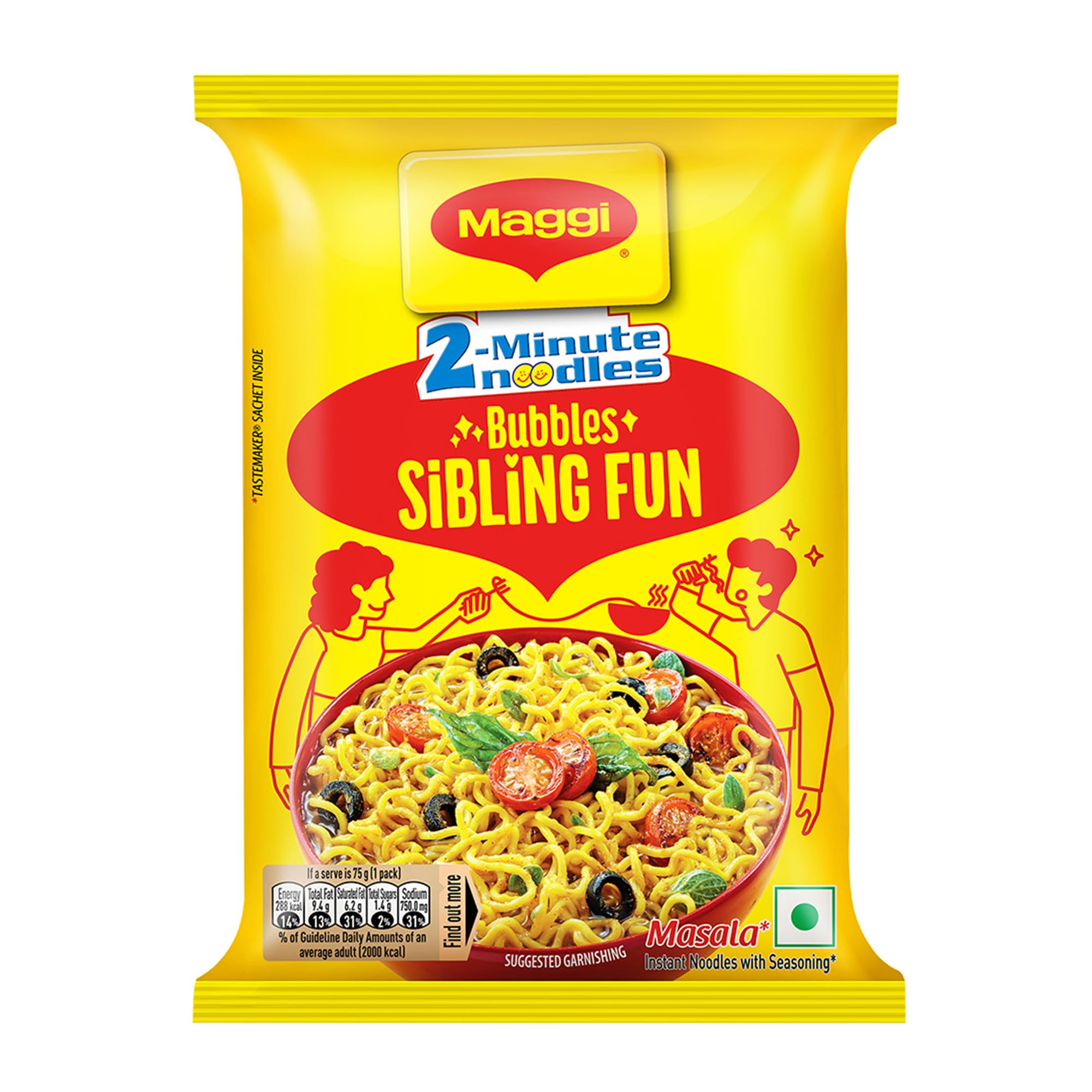 2-Minute Instant Noodles, Favourite Masala Taste, Masala Noodles With Goodness Of Iron, Made With Choicest Quality Spices, 70g/75g Pouch (weight may vary)