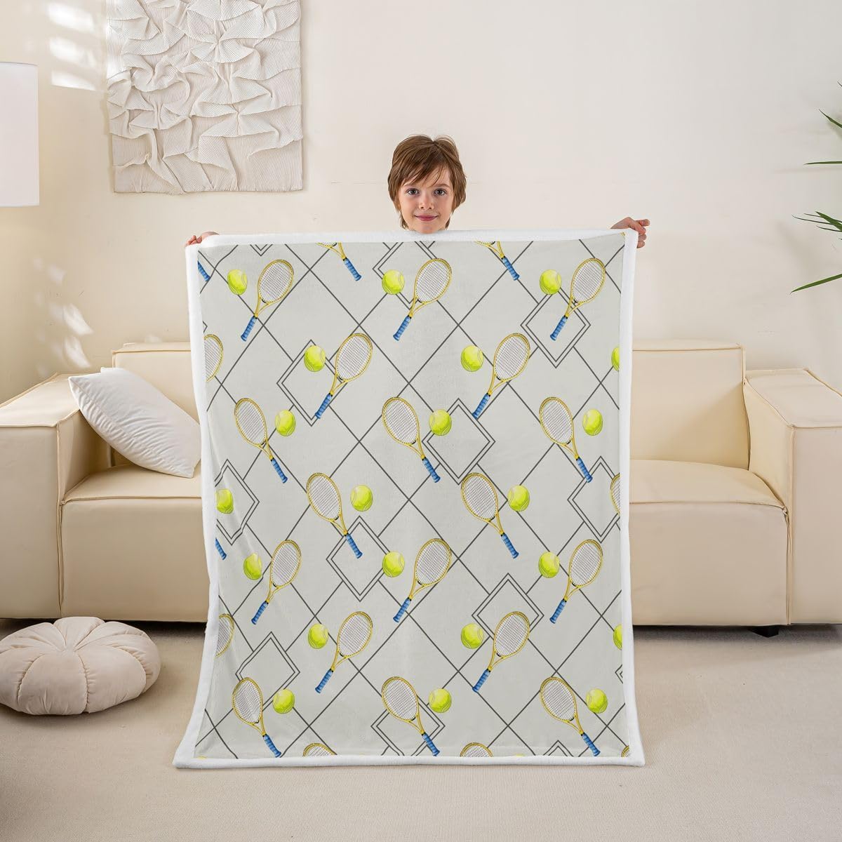 Castle Fairy Tennis Sports Throw Blankets,Checkered Lines Fleece Blanket,Modern Ball Gaming Theme Kids Girls Boys Adult Blankets,Grey Sherpa Blanket Chair Sofa Bed Decor,40"×50"