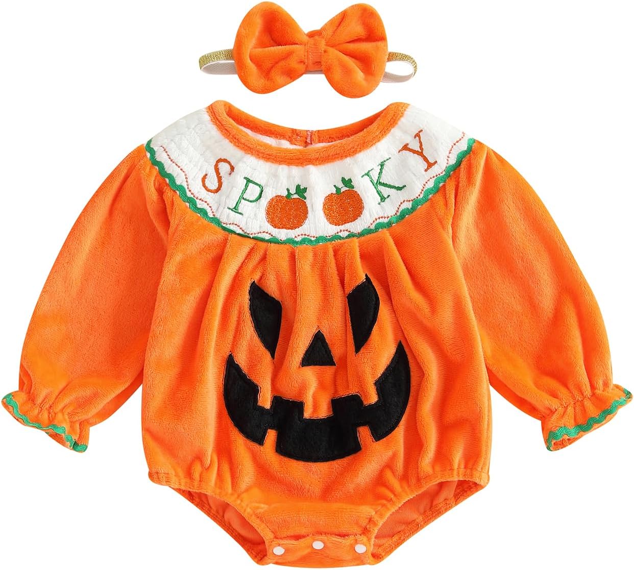 Lamuusaa Newborn Baby Girl Halloween Outfit Long Sleeve Spooky Embroidery Romper Pumpkin Bodysuit Headband Halloween Clothes