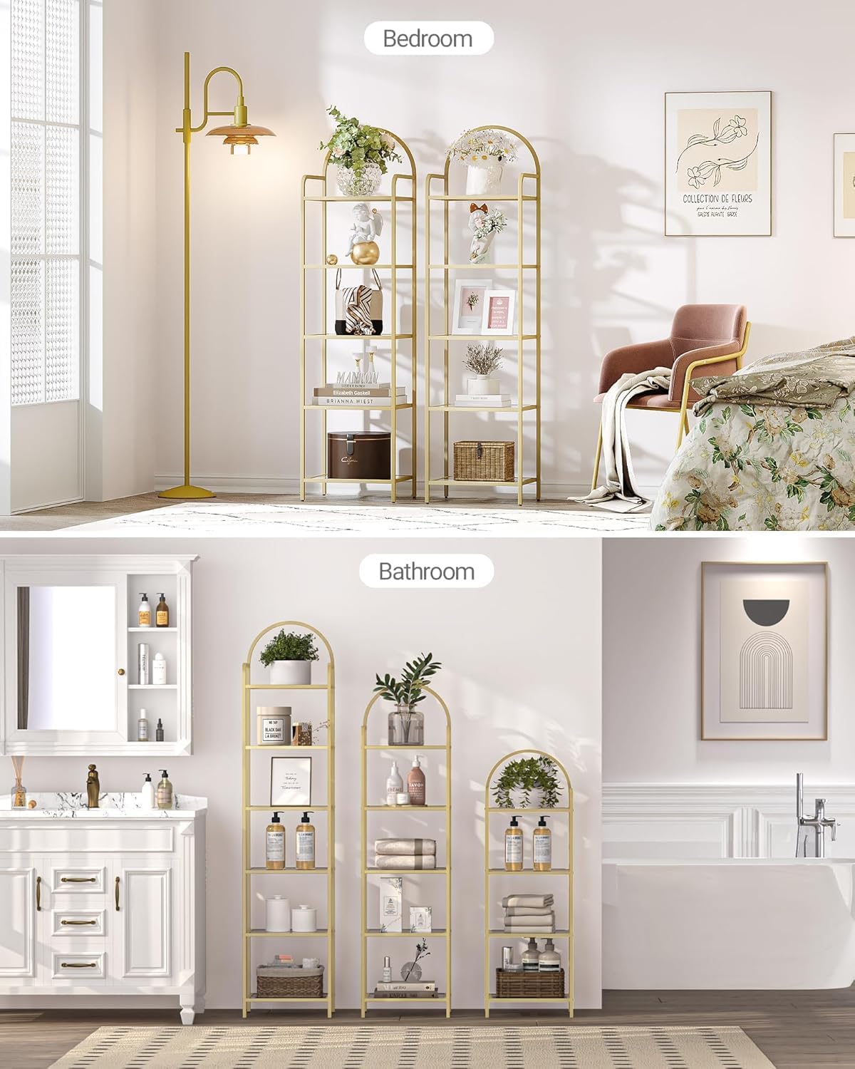 Bookcase Bookshelf, Tempered Glass Bookshelves, Slim Shelving Unit for Bedroom, Bathroom, Home Office, Steel Frame, 5 Tier Gold BC05001G - Image 5