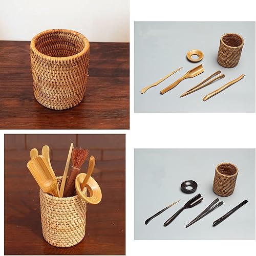 Miniatura 9 de Okllen Paquete de 2 soportes para lápices de ratán, hecho a mano, soporte de mimbre para brochas de maquillaje, organizador de escritorio tejido de