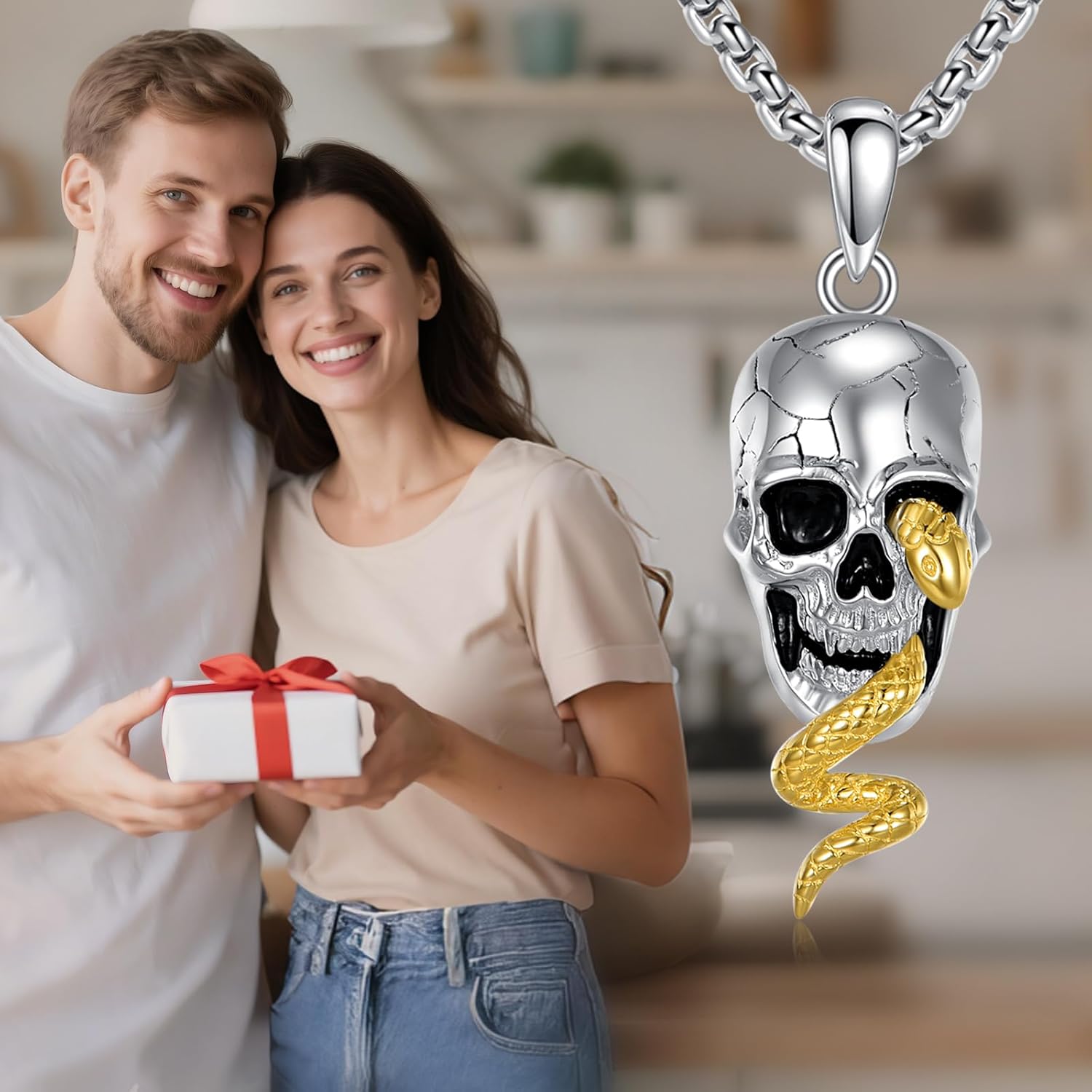 Skull Necklace 925 Sterling Silver Snake Skull Pendant Gothic Jewelry Gift for Women Men - Image 5