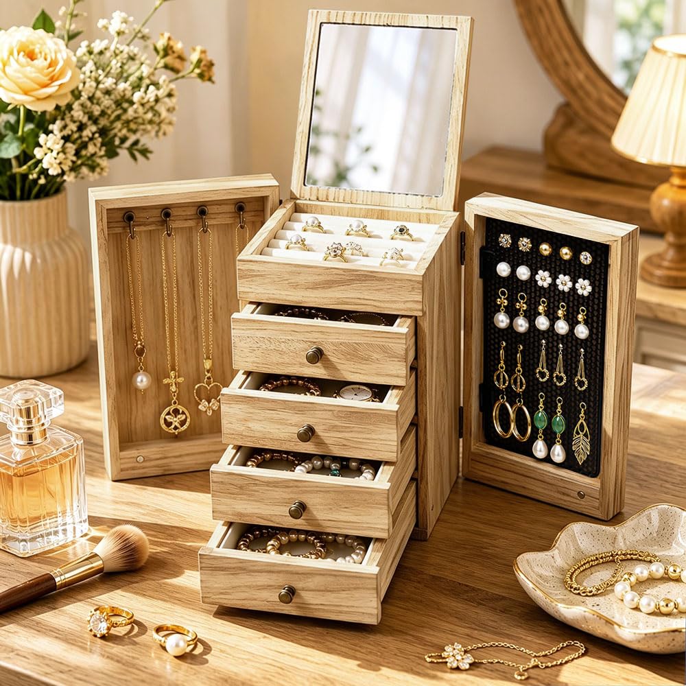 5 Niveles Joyero Madera Grande de con 4 Cajones, Espejo | para Pendientes Pulseras Anillos Collares,Organizador Joyas Rústica con 4Cajones,Organizador Caja Grande,Joyeros Organizador