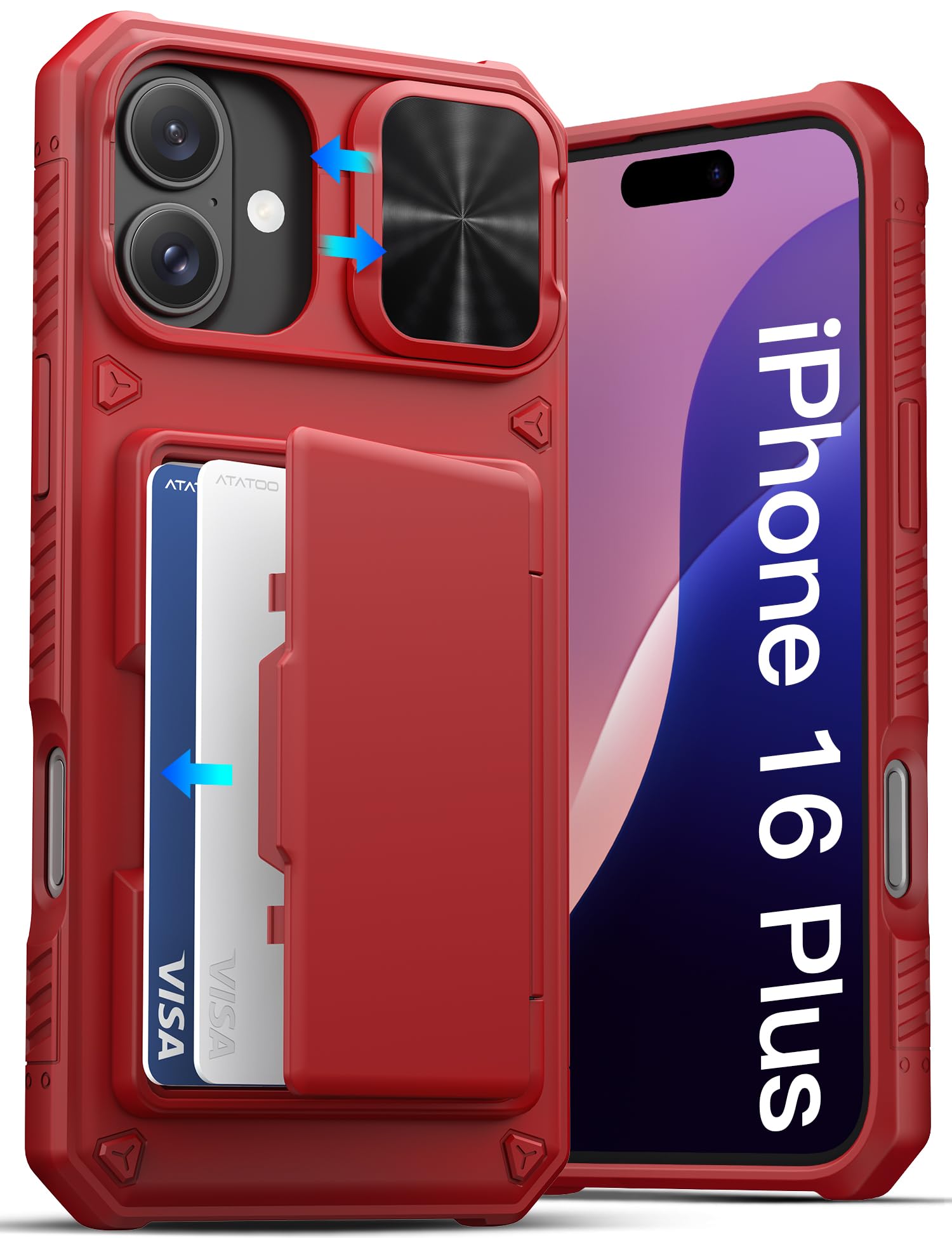 ATATOO for iPhone 16 Plus Case Wallet with Card Holder (3-5 Cards), Red