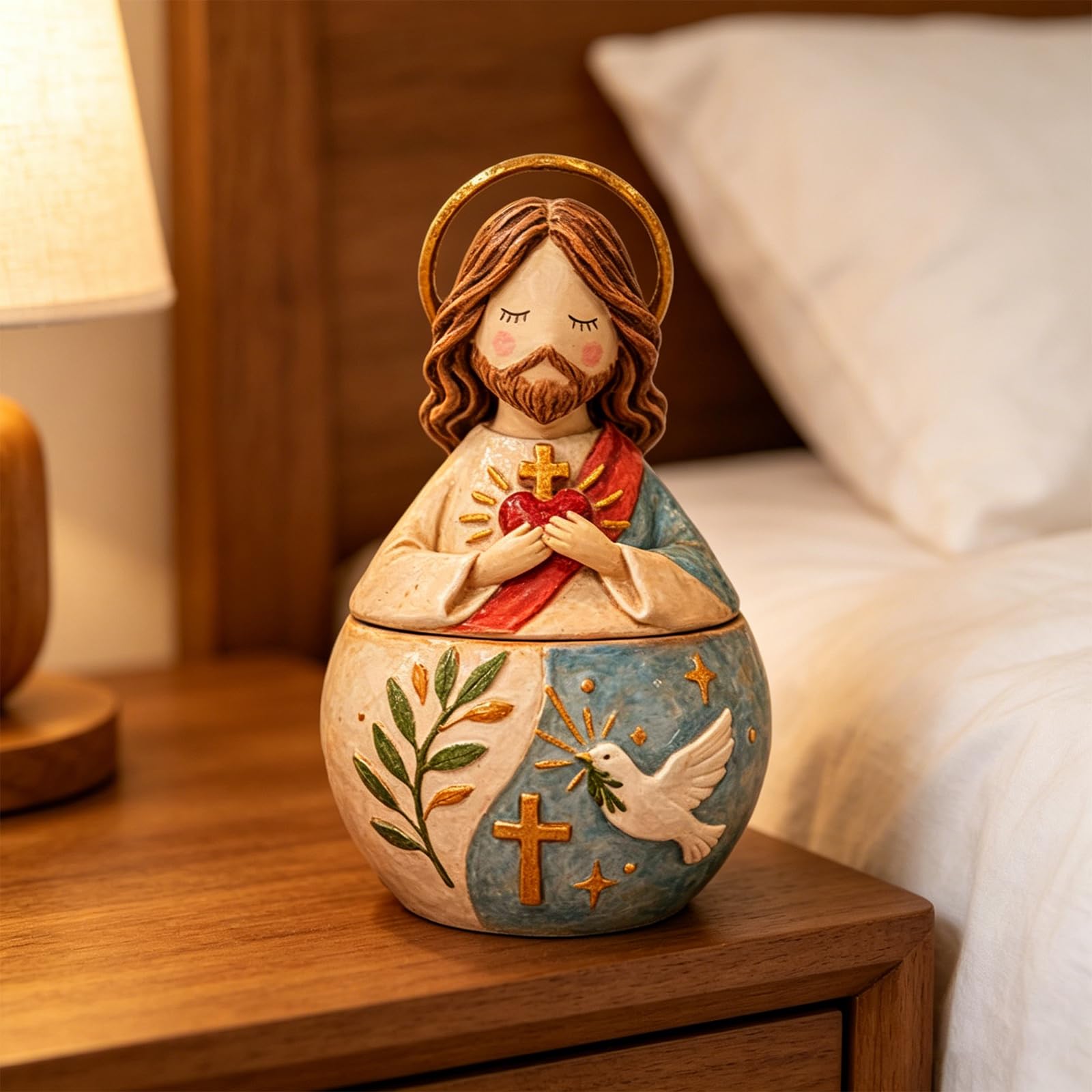 Caja de Oración de Resina con el Sagrado Corazón de Jesús y la Virgen María, Obra Artesanal de María en Resina, Ornamento Creativo de Regalo, Figura Religiosa del Corazón Sagrado de Jesús