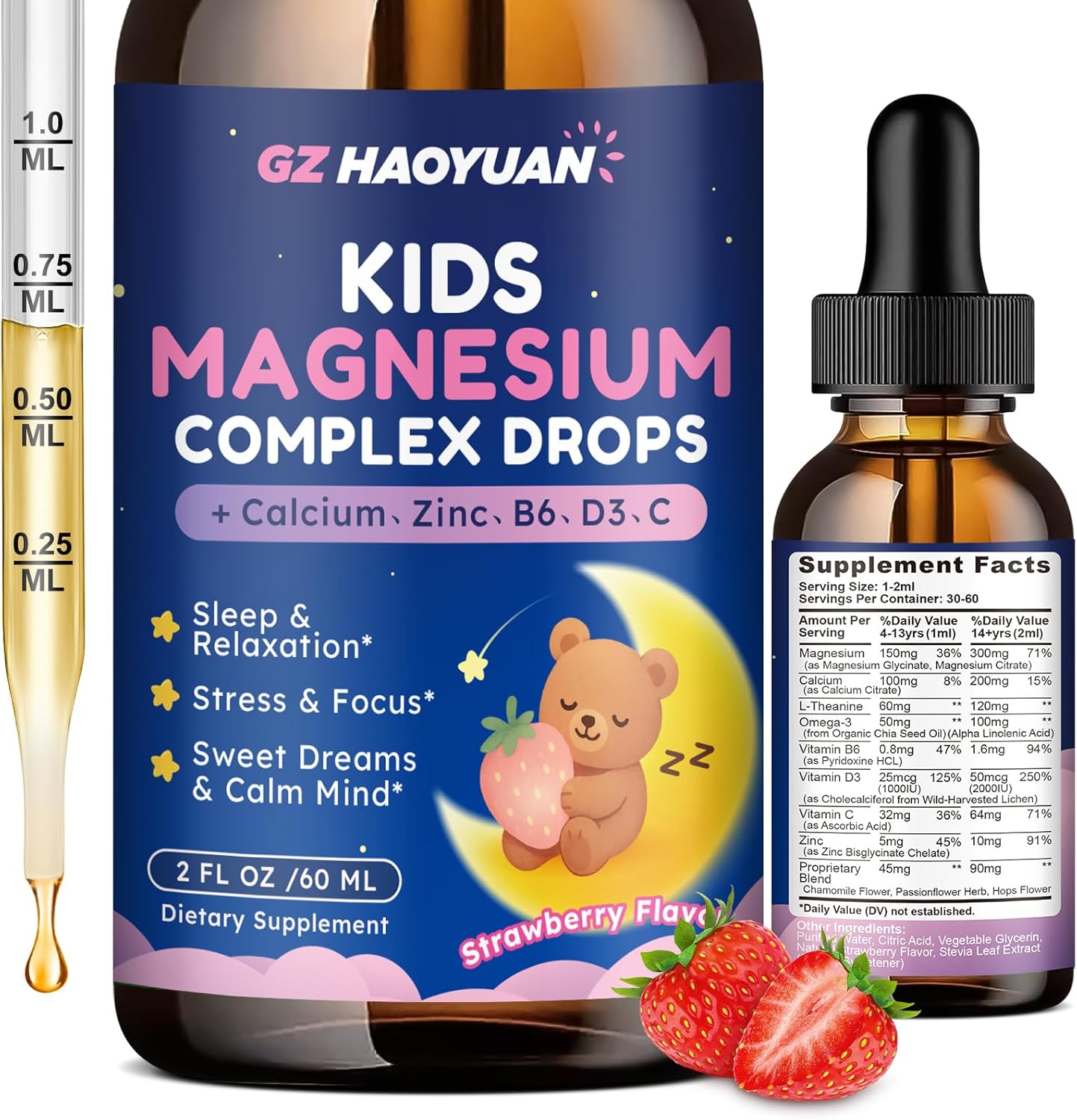 Kids Magnesium Liquid Drops – Magnesium Glycinate Drops for Kids, Citrate Liquid with Calcium, Omega-3, L-theanine, Zinc, Vitamin B6 D3 C for Sleep, Relaxation, Calm & Focus, Strawberry Flavor,2 Fl Oz