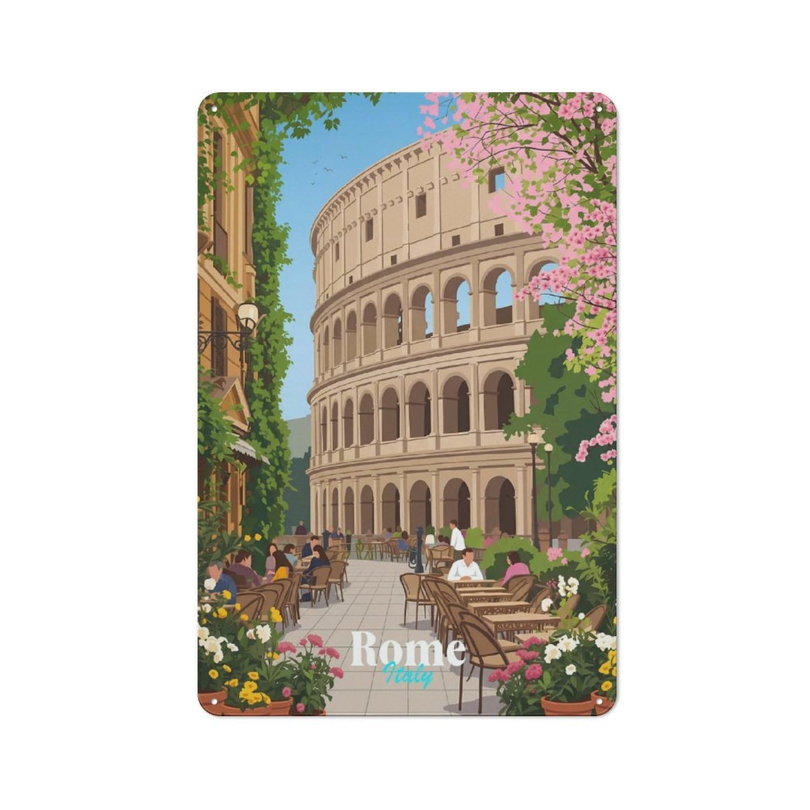 Weathered Look Colosseum Cafe Scene in Rome Metal Wall Sign 30x20cm, Shed Wall Plaque for Tool Room, Garage, Studio Or Home Bar