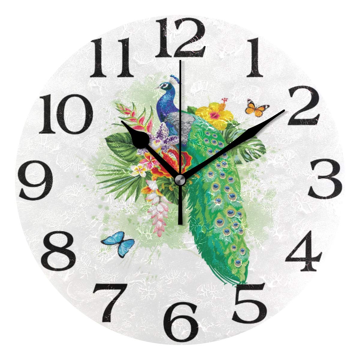 LinomoTropical Animal Peacock Flower Leaves Butterfly Wall Clock Decor, Silent Non Ticking Round Clock Quiet for Kitchen Living Room Bedroom Bathroom Office