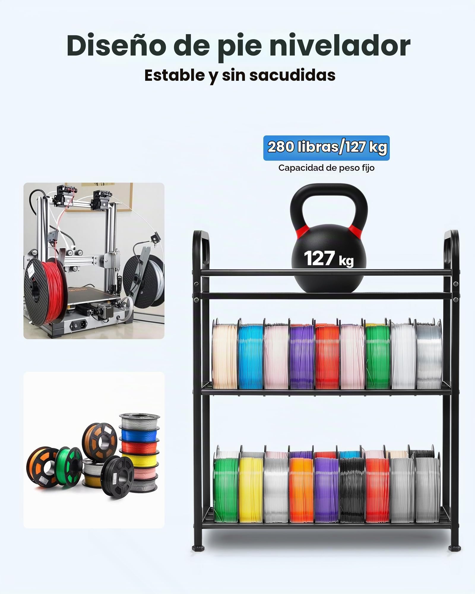 VEVOR Estante de Almacenamiento de Filamentos de 3 Niveles para Impresión 3D Soporte de Metal para Bobinas de Filamento con Ruedas 680 x 400 x 880 mm para Estudios, Talleres, Oficinas, Negro