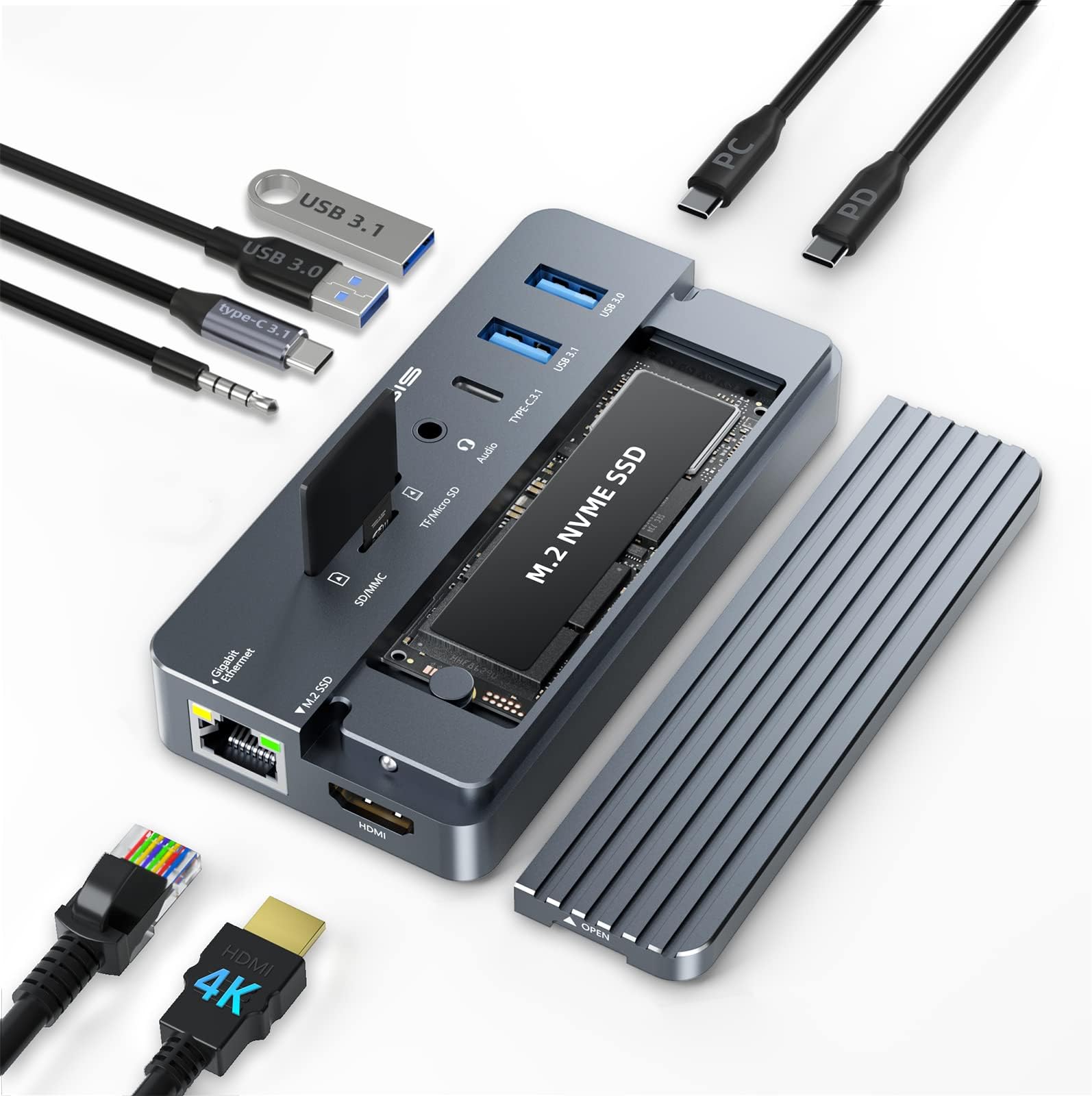 10-in-1 USB-C Hub with SSD Enclosure, 10Gbps M.2 NVMe Enclosure, 4K 60Hz HDMI Port, USB A 3.1 Port, 100 W Power Delivery, Aluminum Alloy USB C 3.1 Enclosure for M.2 PCIe NVMe and SATA SSD
