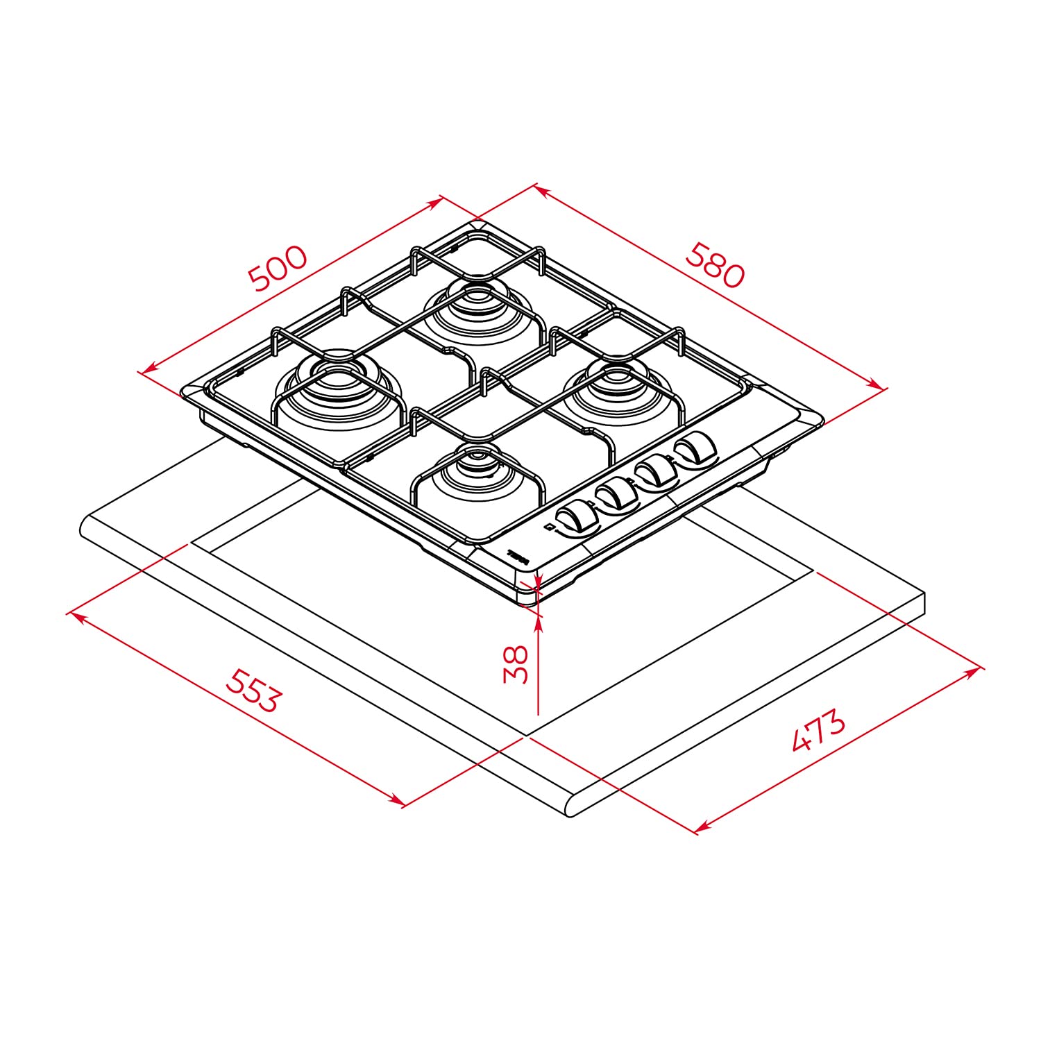 TEKA Placa de Gas Butano, 60 cm, 4 Fuegos, Mandos Ergonómicos, Seguridad Termopar, Parrillas Esmaltadas, HLX 640 KL