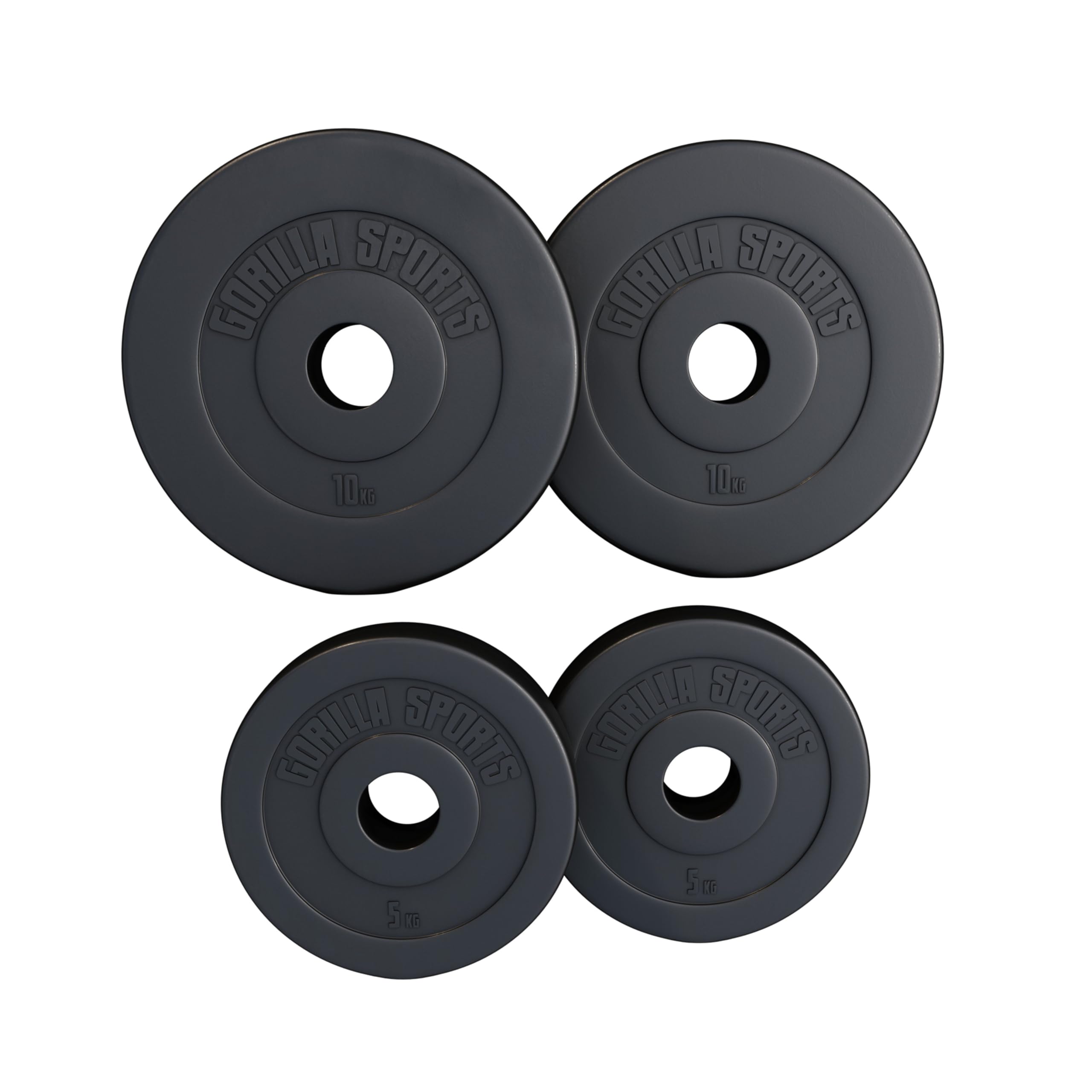 GORILLA SPORTS® Olympia - Discos de pesas (1,25 kg, 2,5 kg, 5 kg, 10 kg, 15 kg, 20 kg, 30 kg, 1,25 kg, 30 kg, orificio de 50 mm, de plástico, discos olímpicos)